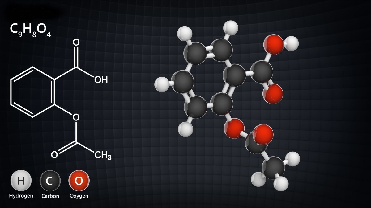 Kwas acetylosalicylowy (leczenie bólu i stanów zapalnych). Źródło zdjęcia: Getty Images Wzór chemiczny kwasu acetylosalicylowego (ból i stany zapalne)