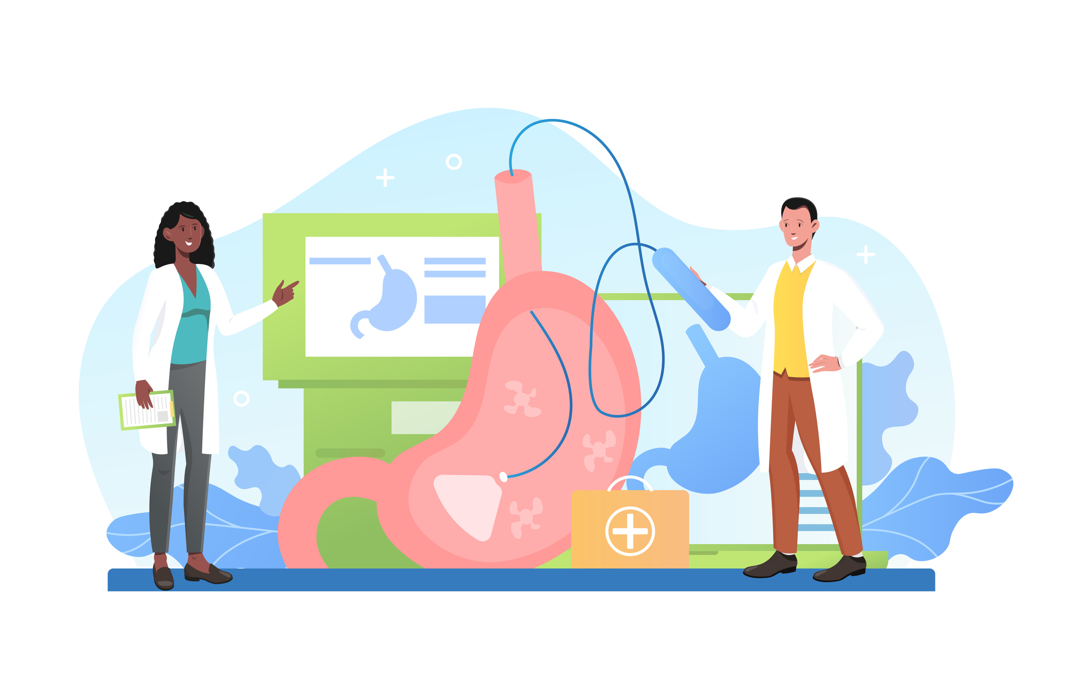 Gastroskopia jako metoda badania w HP, animacja przedstawiająca lekarza, monitor i fiberoskop.