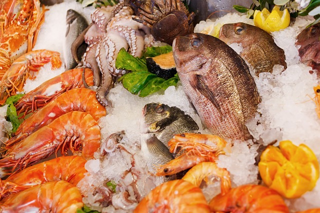 Dieta musi zawierać dużo ryb i owoców morza. Źródło: Pixabay Zwierzęta morskie i ryby są przechowywane na lodzie.